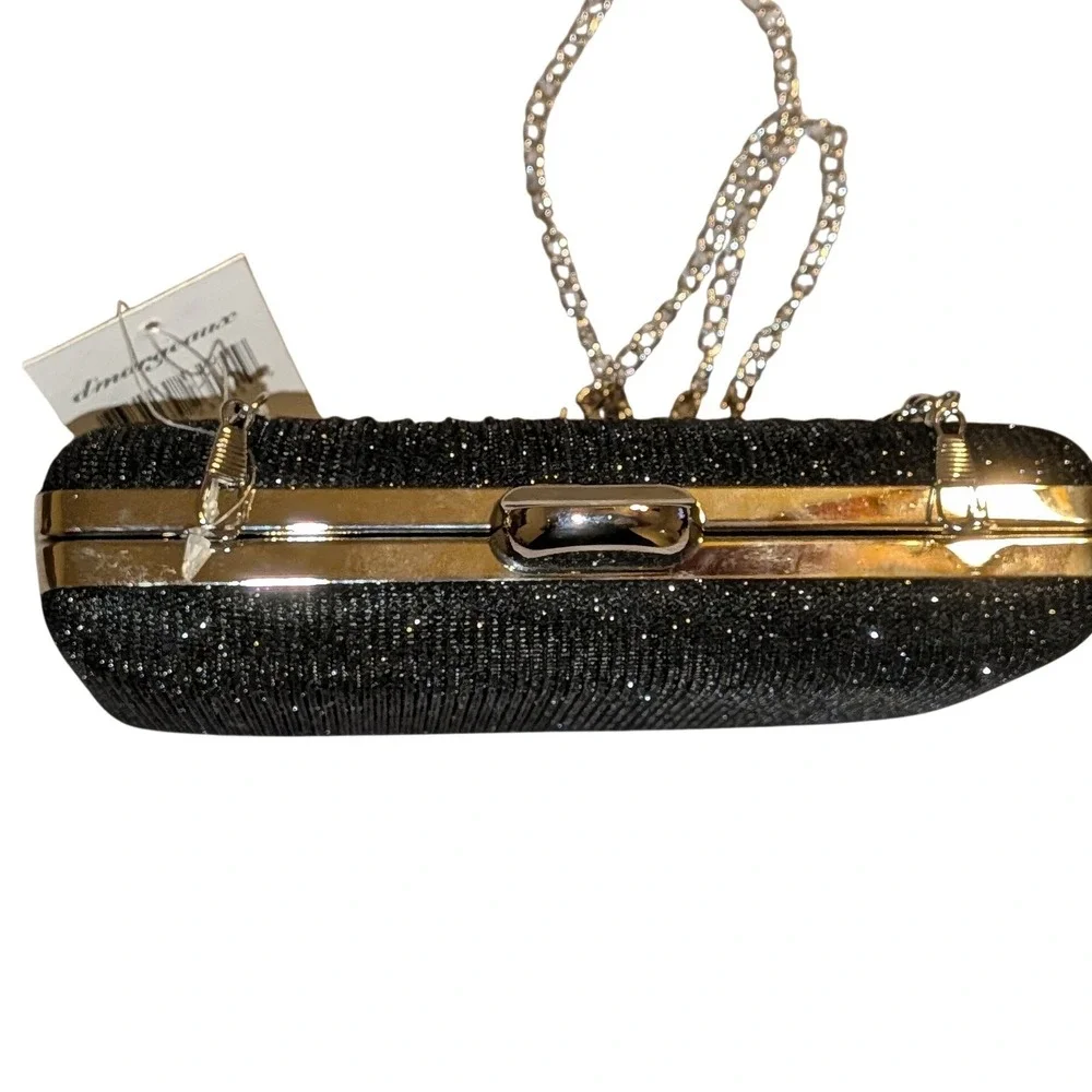 D'margeaux‎ Black Glitter Pleated Evening Clutch Bag Silver Chain YG92281B NEW